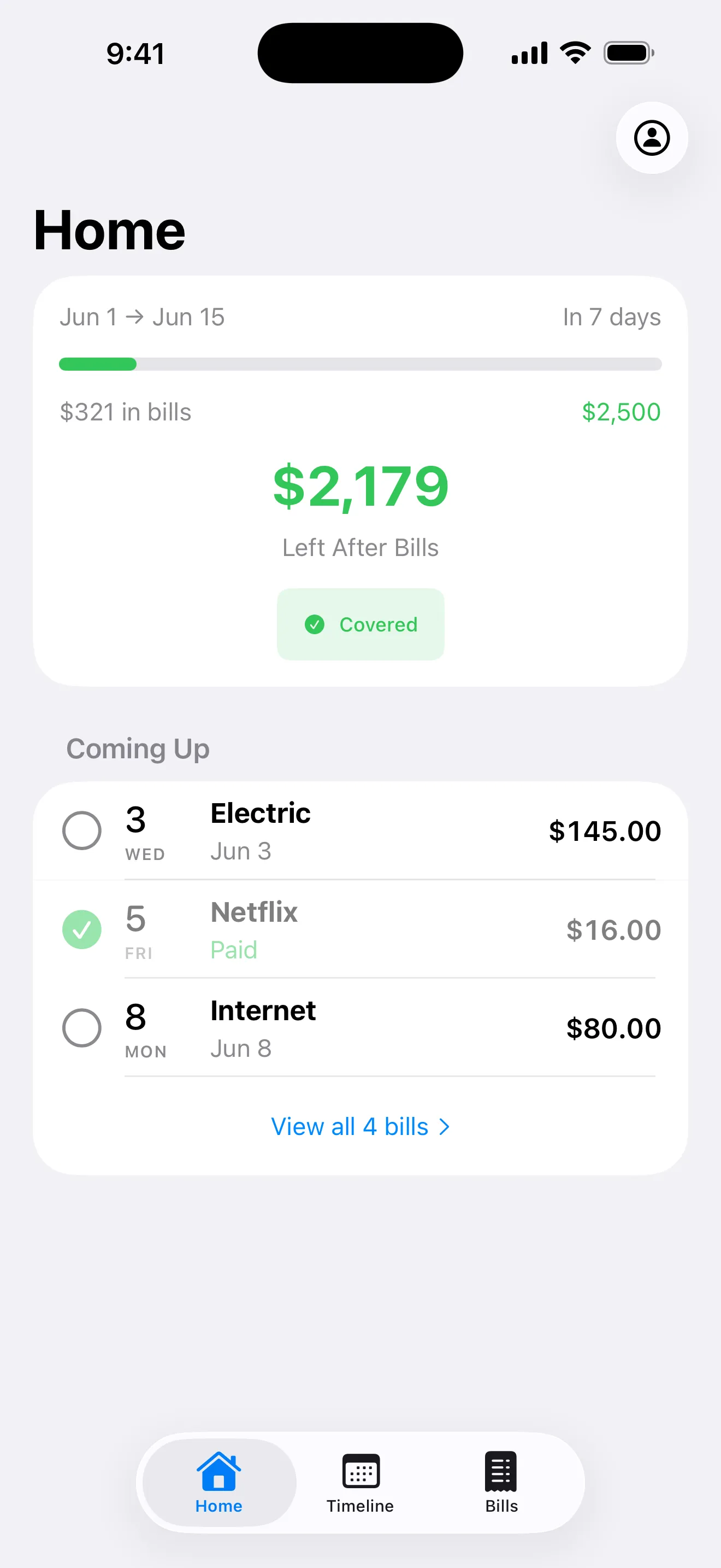 Forseera home screen showing money left after bills